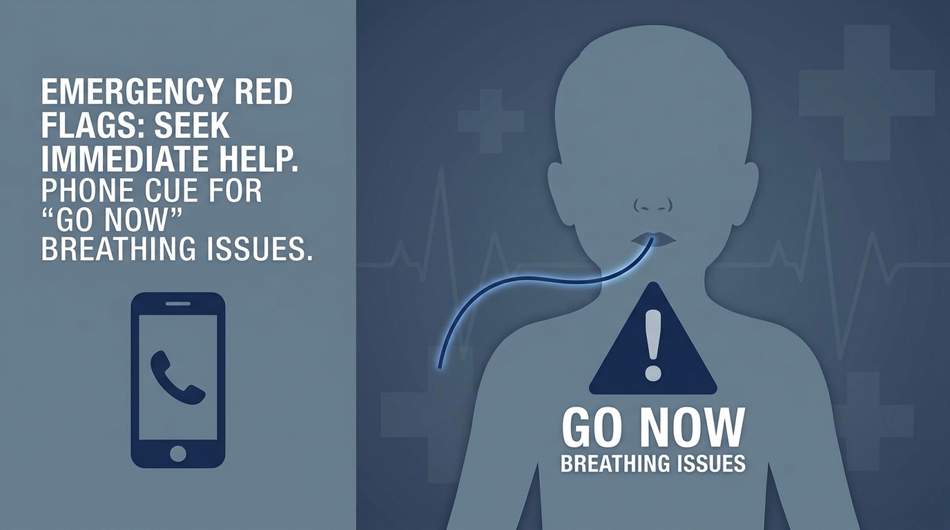 Emergency red flags: child bust with airway line and alert triangle for go-now breathing issues; phone silhouette cue.