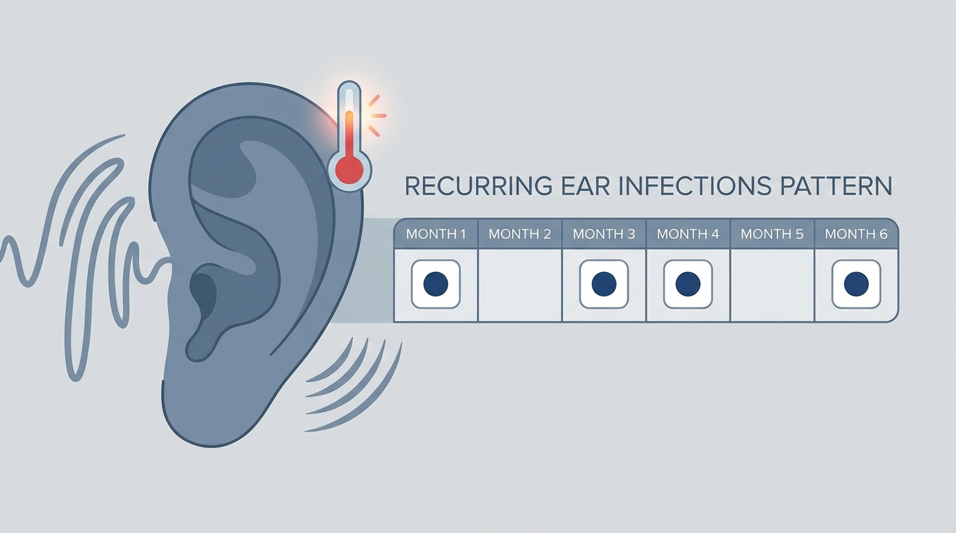 Recurring ear infections: stylized ear with calendar strip showing frequent episodes.