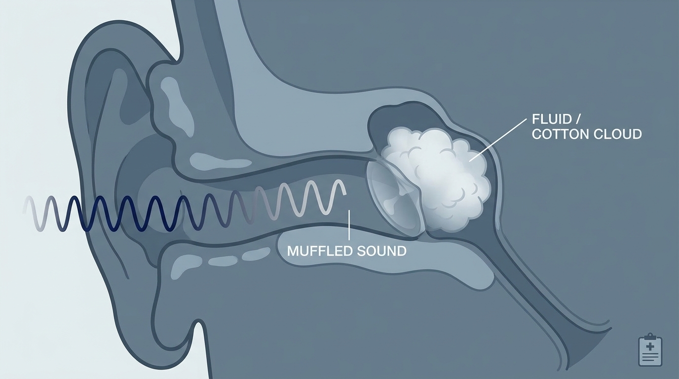 Persistent ear fluid and muffled hearing: ear cross-section with cotton-like fluid and faded sound waves.