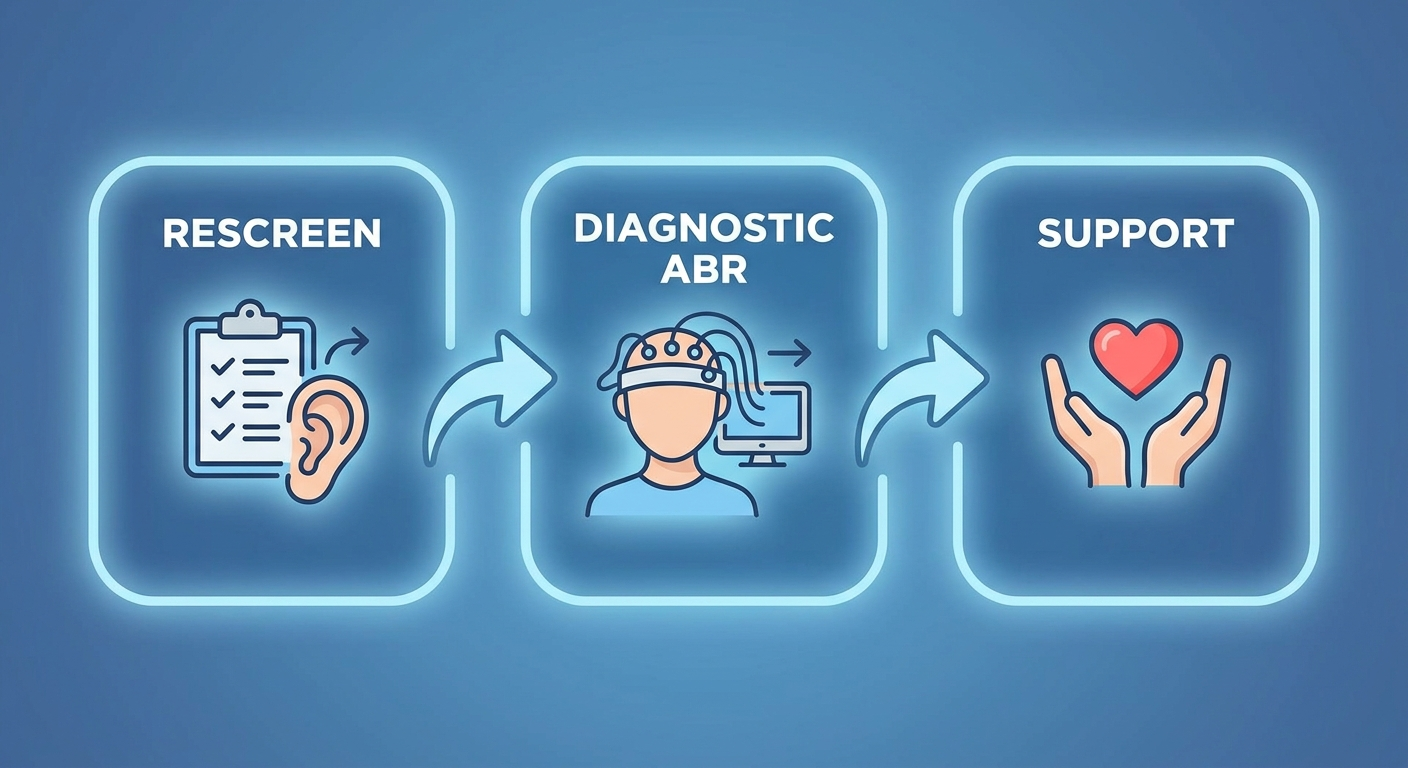 Step-by-step follow-up flow: Rescreen, Diagnostic ABR, Support