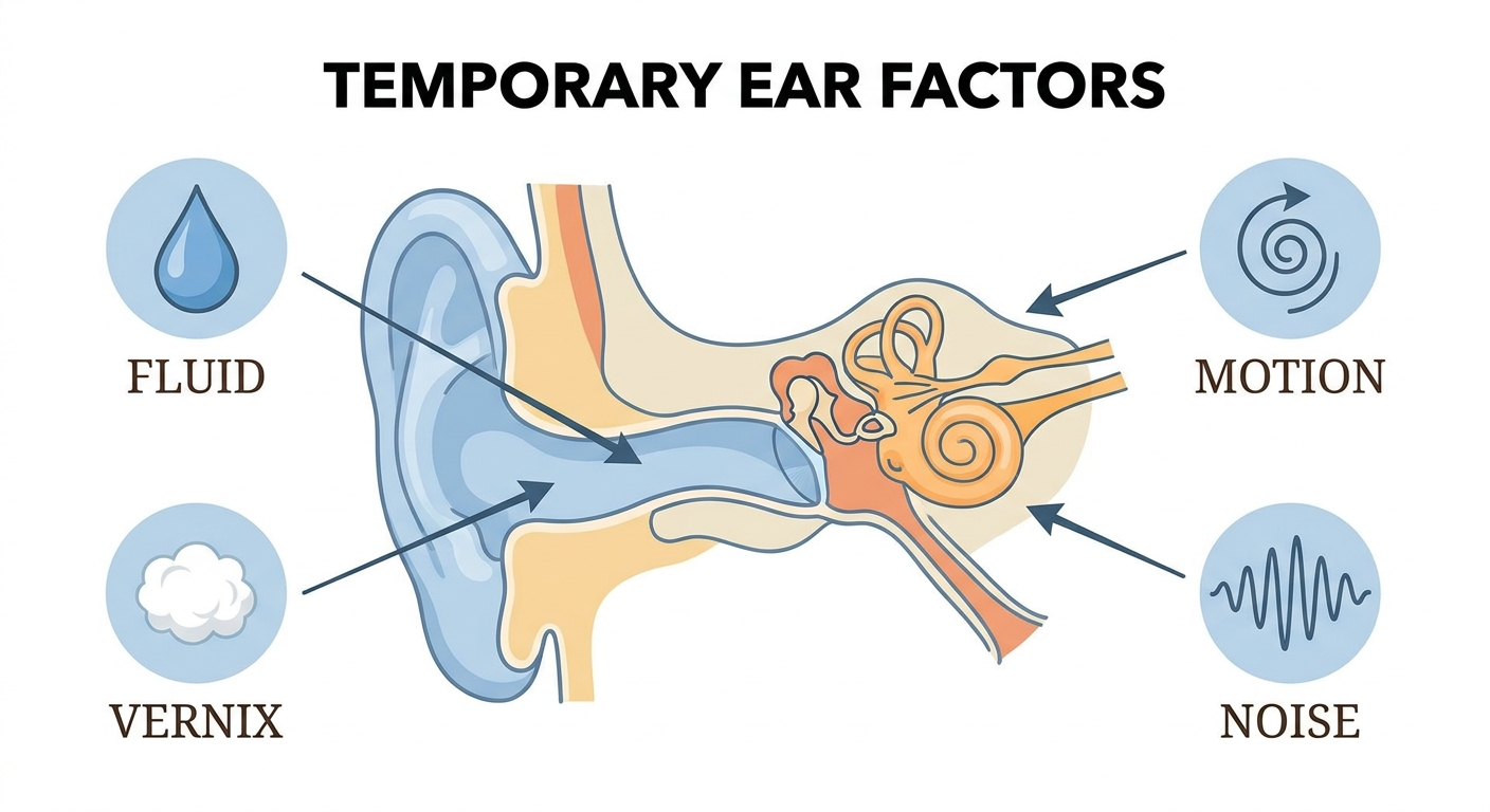 Temporary factors for refer: droplet for fluid, speck for vernix, swirl for motion, wave lines for noise around an ear