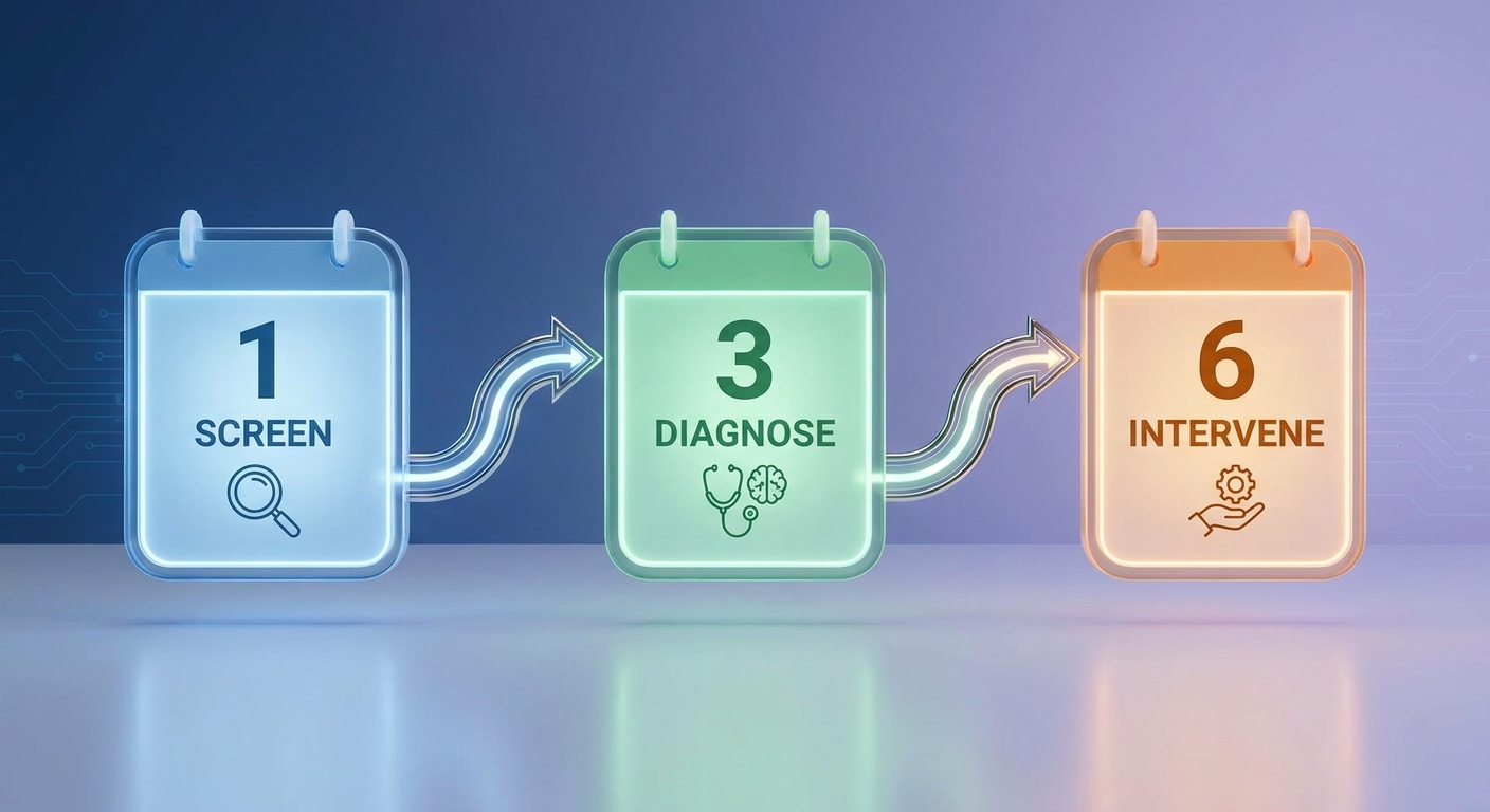 1-3-6 timeline: Screen at 1 month, Diagnose by 3 months, Intervene by 6 months