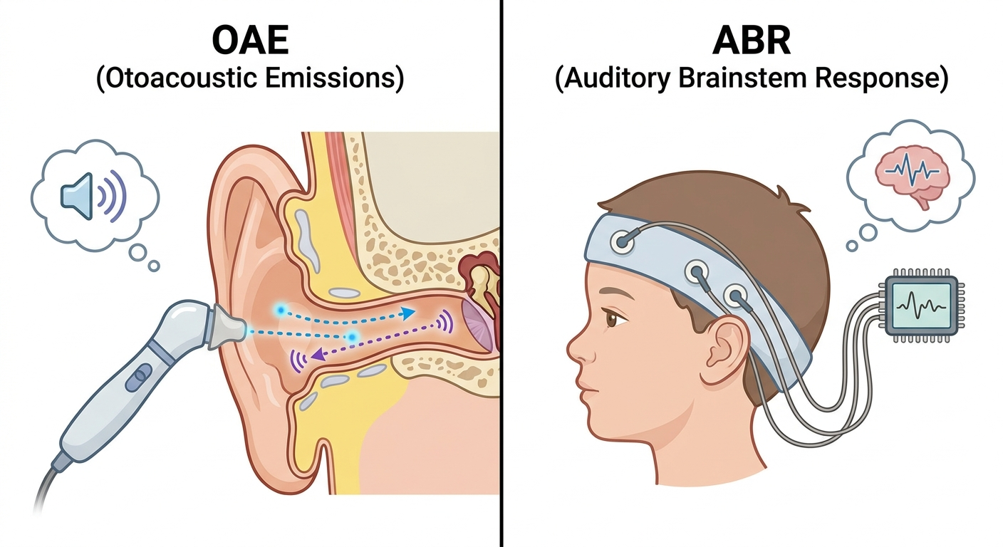 OAE vs ABR visual compare: ear with OAE probe and ABR headband with electrodes and waveform chip