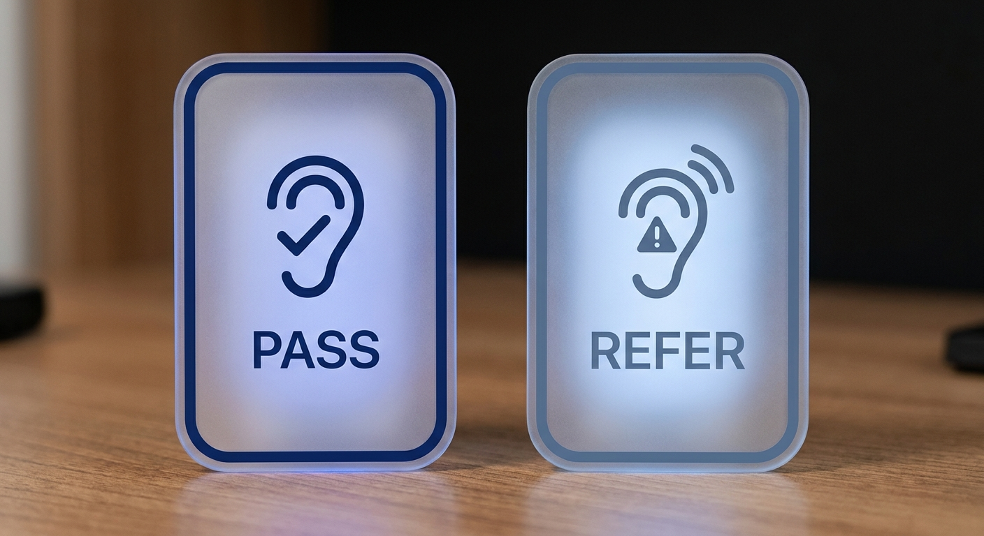 Pass vs Refer tiles: side-by-side cards with ear icons, check vs alert glow
