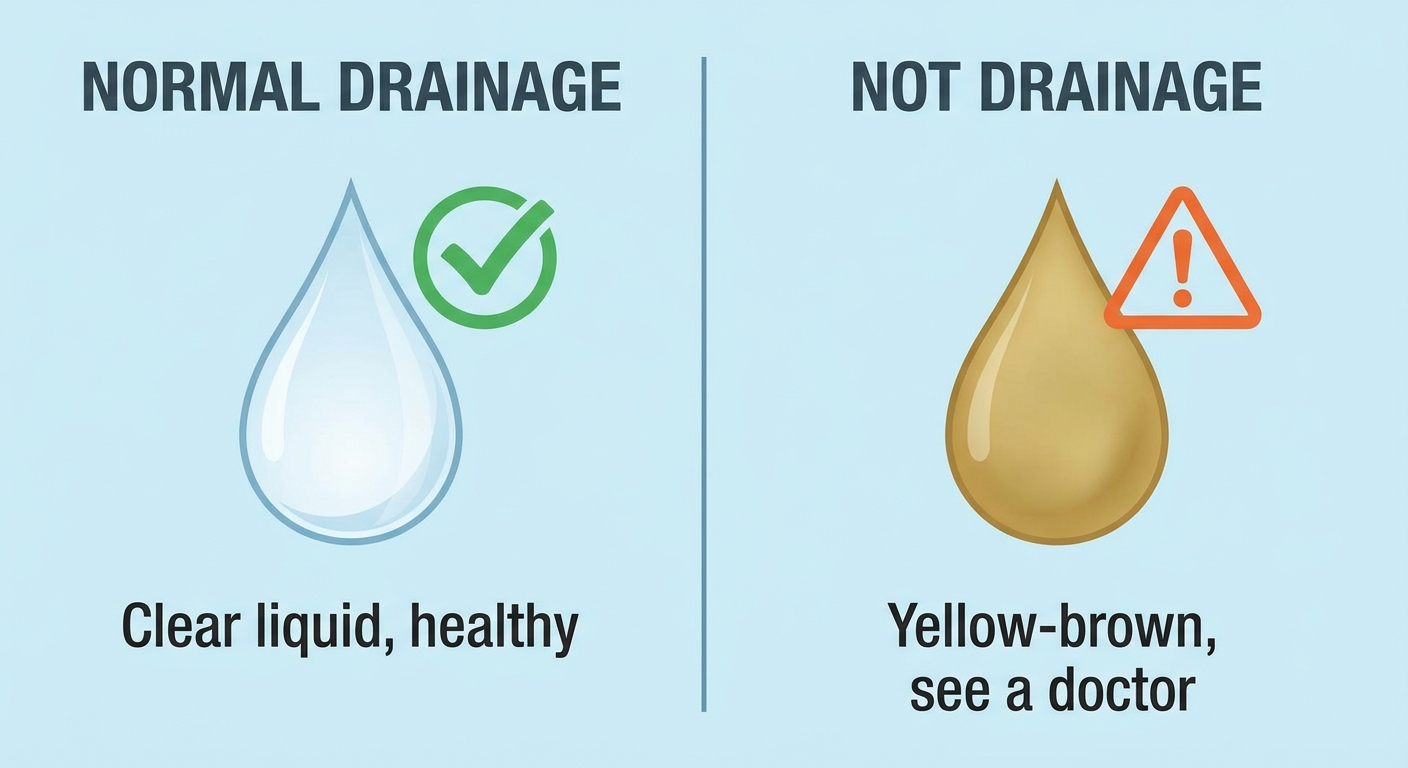 Normal vs not drainage: clear droplet with check mark compared to yellow-brown droplet with caution icon