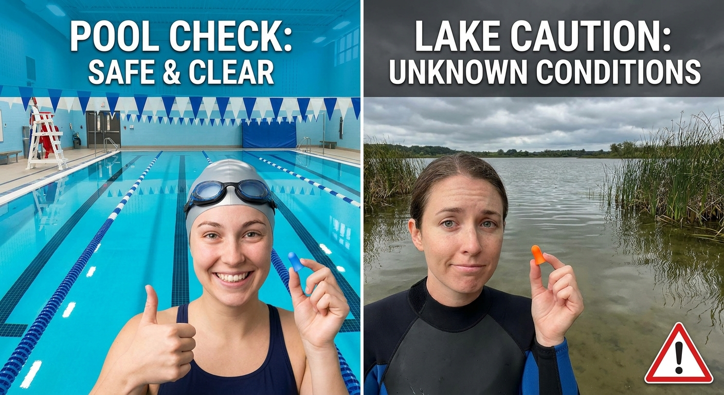 Swimming guidance: treated pool with check mark versus lake caution with ear plug