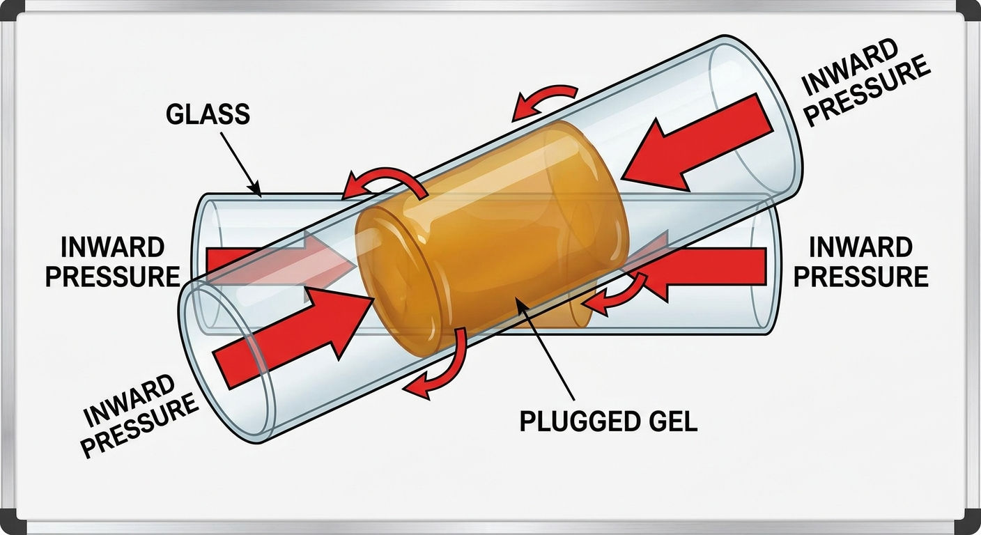 Blocked ear tube: gel-like plug inside tube with inward pressure arrows indicating poor ventilation