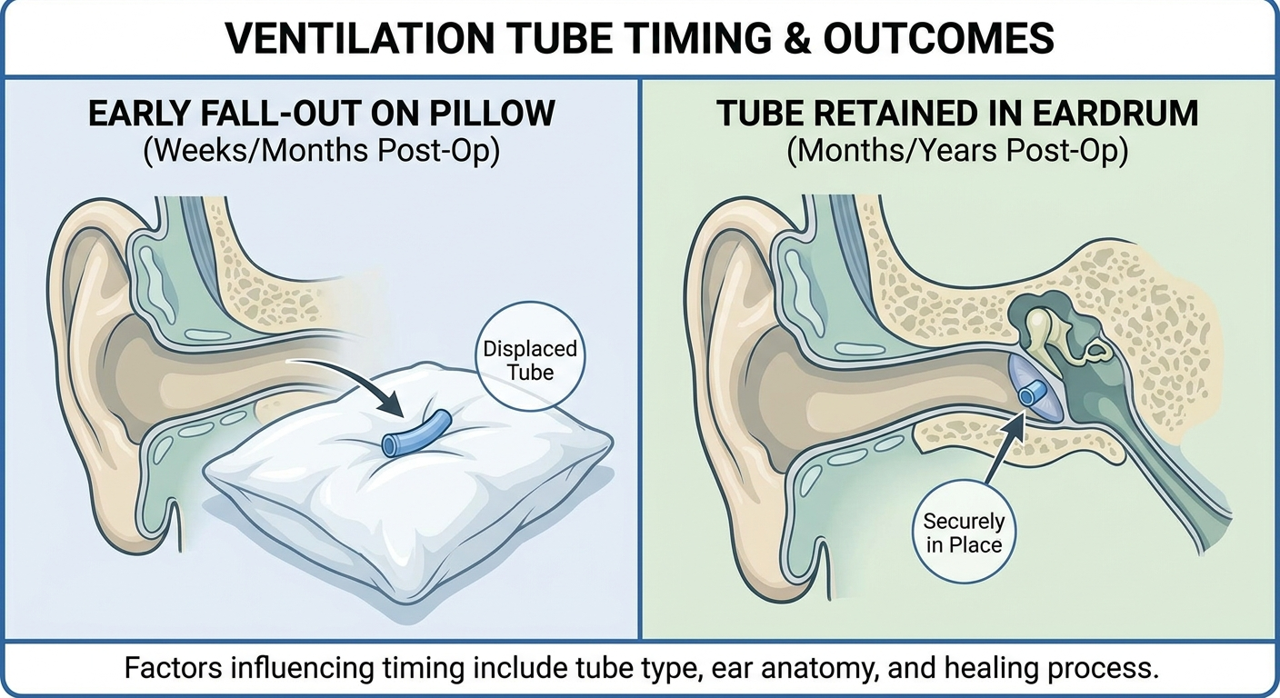 Tube timing: early fall-out on pillow contrasted with tube still retained in the eardrum