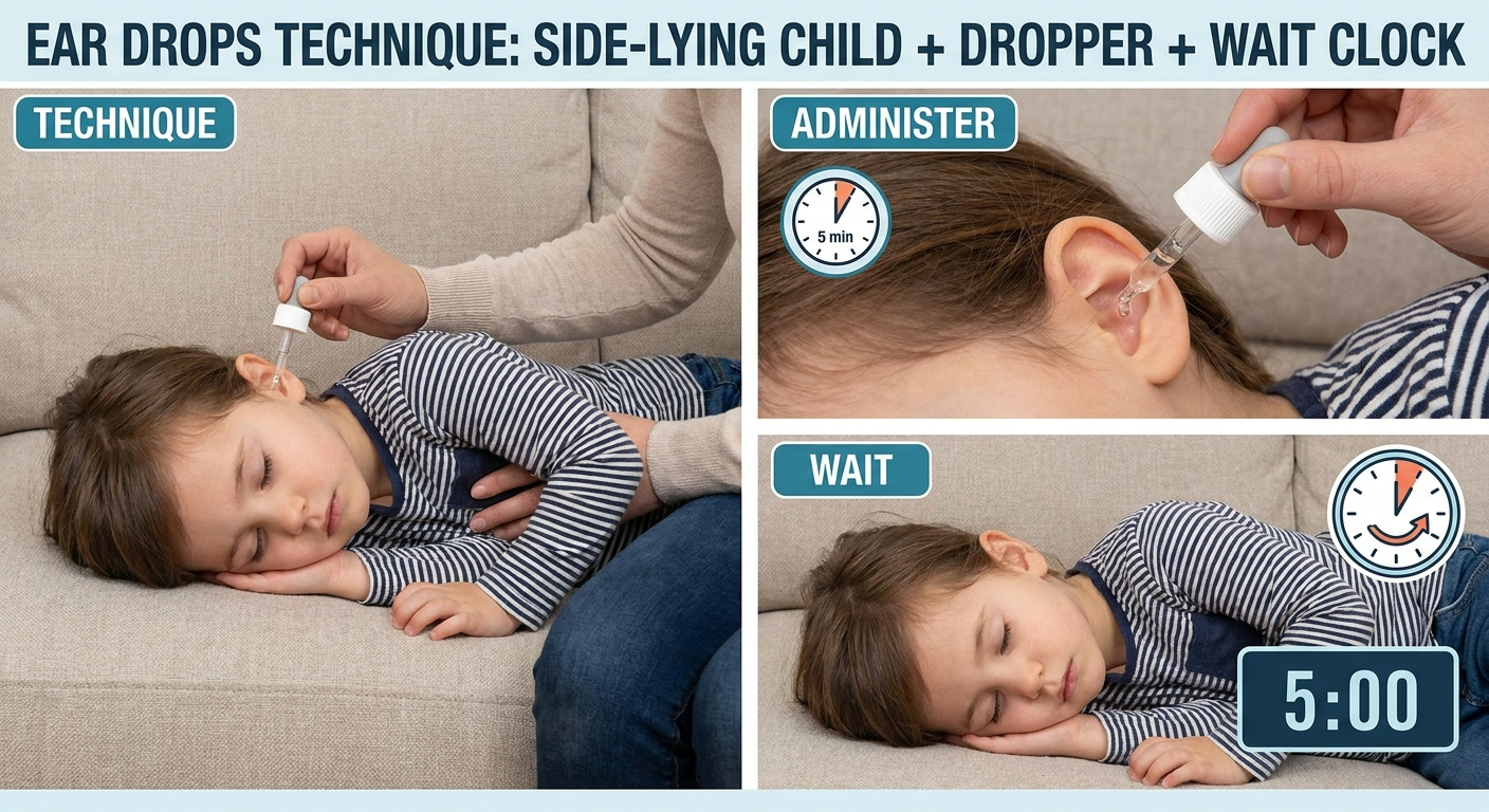 Ear drops technique: child lying on side, dropper in ear, short wait with small clock