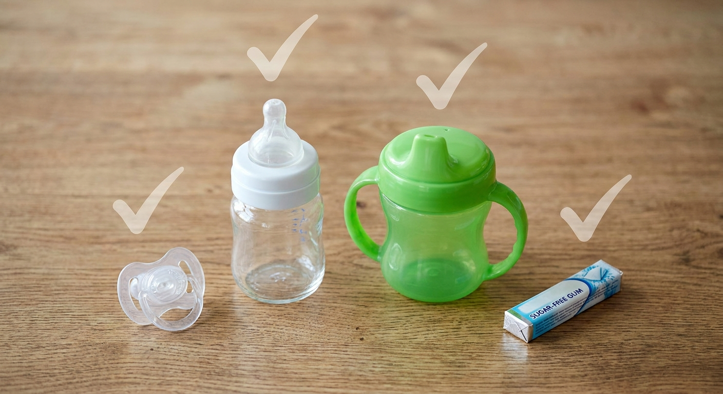 Pacifier, bottle, sippy cup, and sugar-free gum with checkmarks
