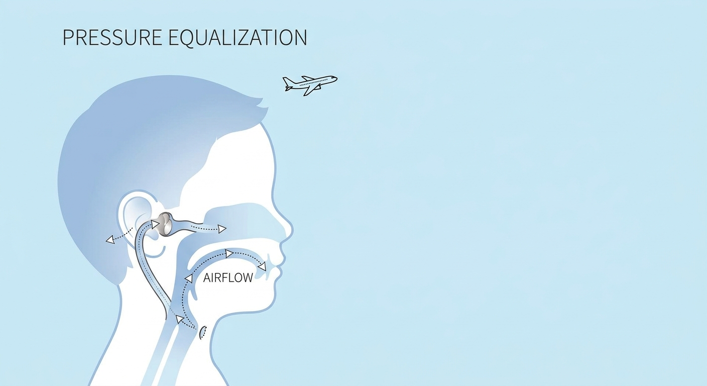 Diagram of child ear with eustachian tube equalizing pressure and small airplane icon