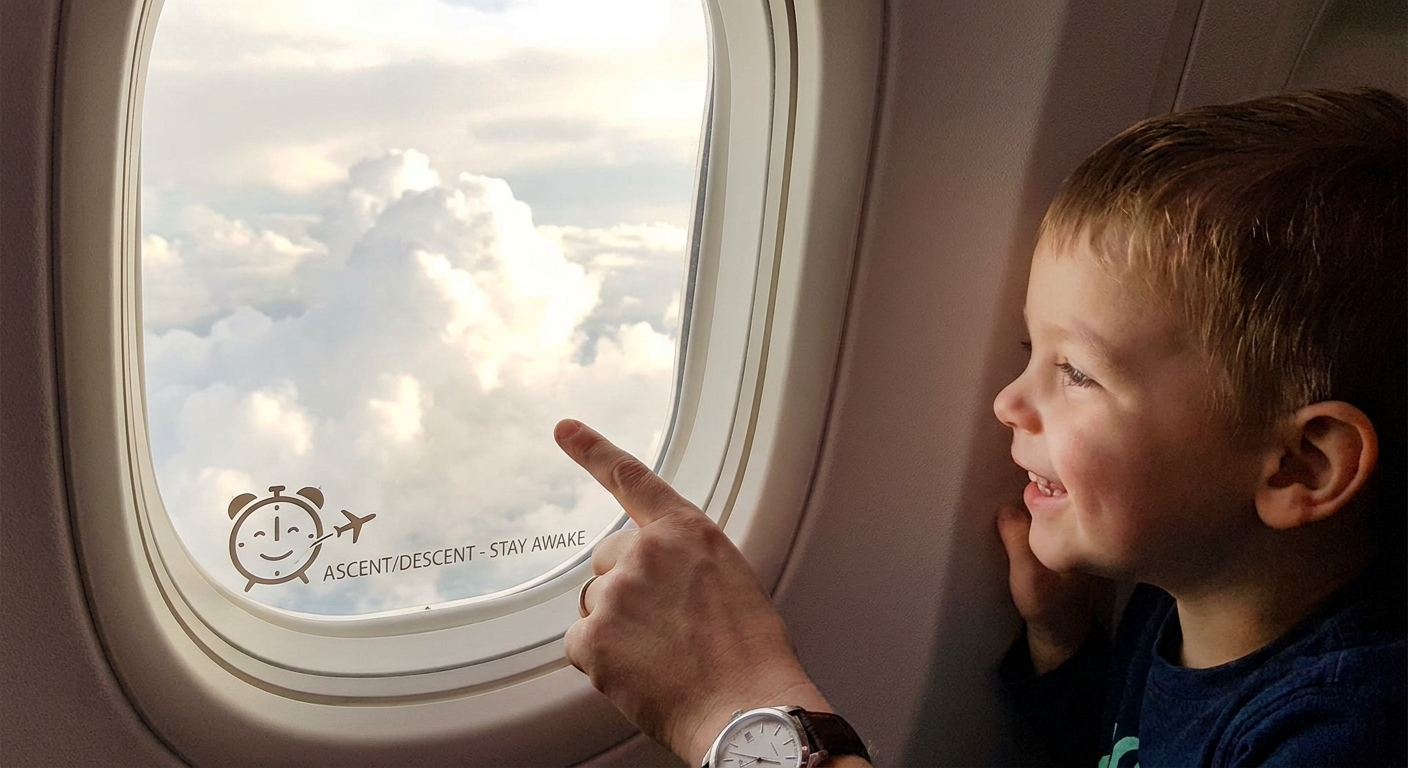 Child at airplane window with parent pointing and a small clock icon