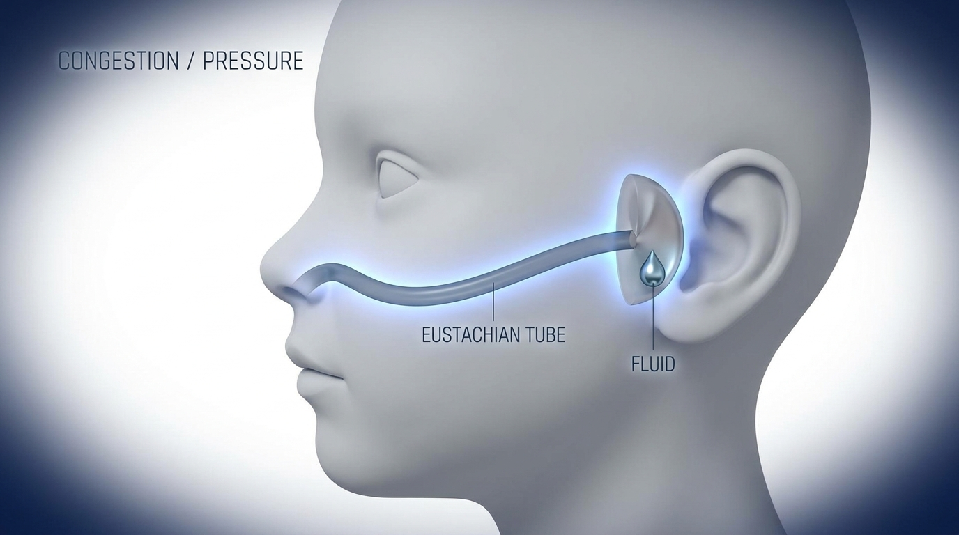 Child head profile showing Eustachian tube path and droplet behind the eardrum