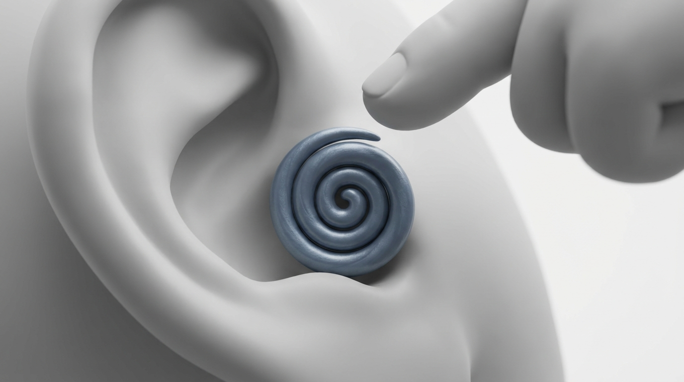 Earwax buildup near the outer ear, child’s fingertip hovering nearby