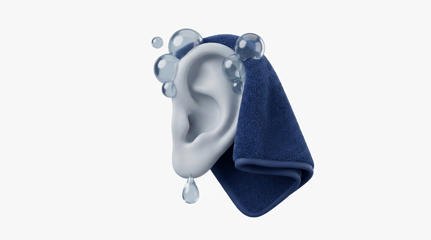 Post-bath irritation with bubbles and towel patting the outer ear dry