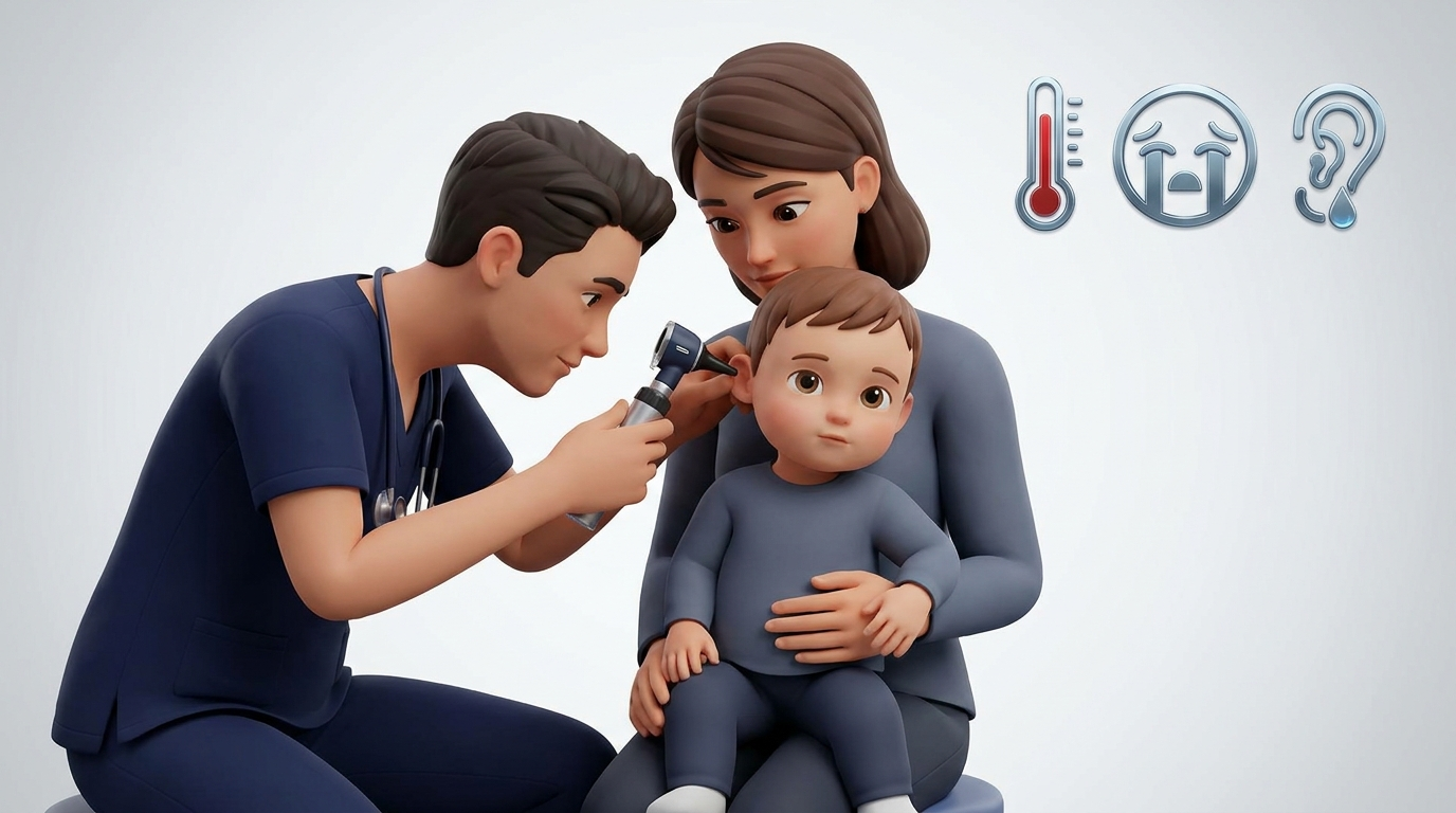 Pediatrician with otoscope and warning icons for fever, crying, and ear drainage
