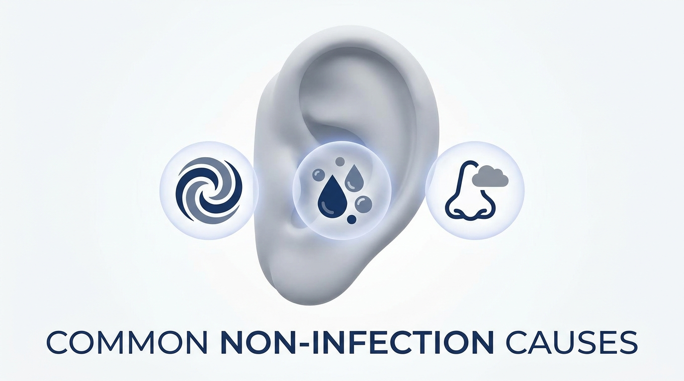 Common non-infection causes illustration: simplified ear with icons for wax, water, and congestion