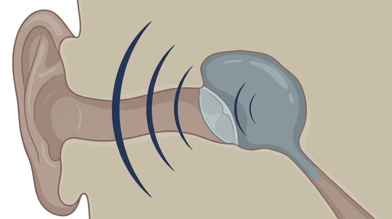 Simplified ear cross-section showing middle-ear fluid and reduced sound transmission