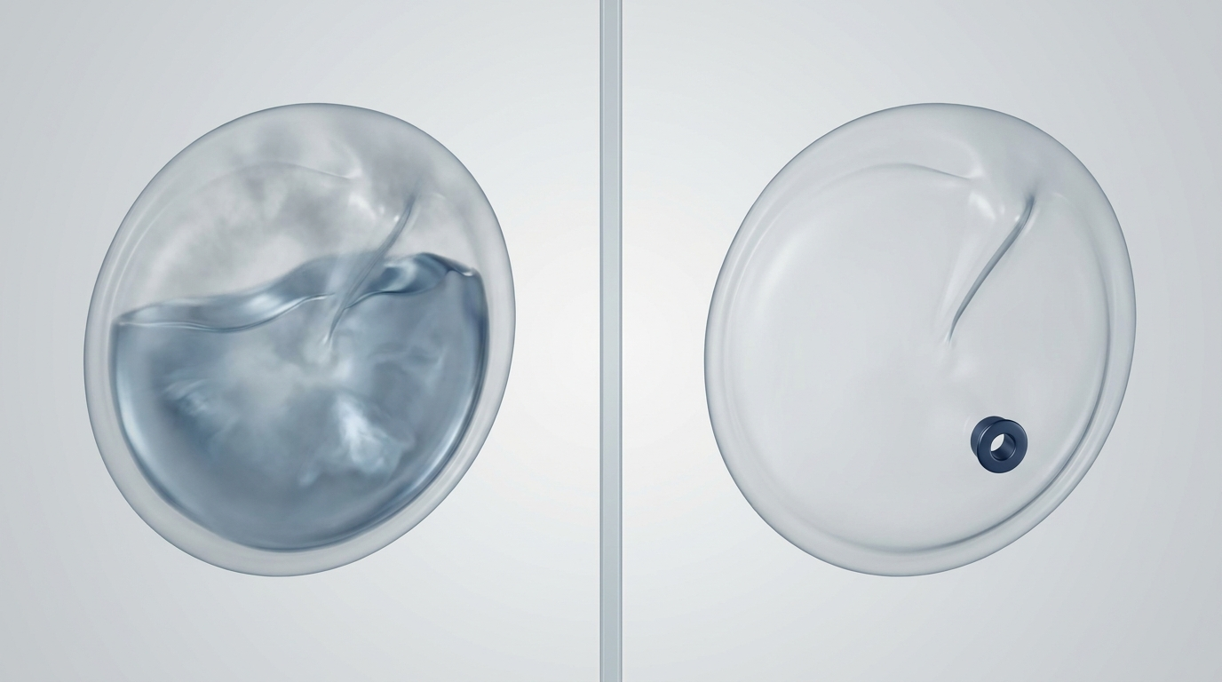 Before-and-after eardrum visuals showing fluid and a tube in place