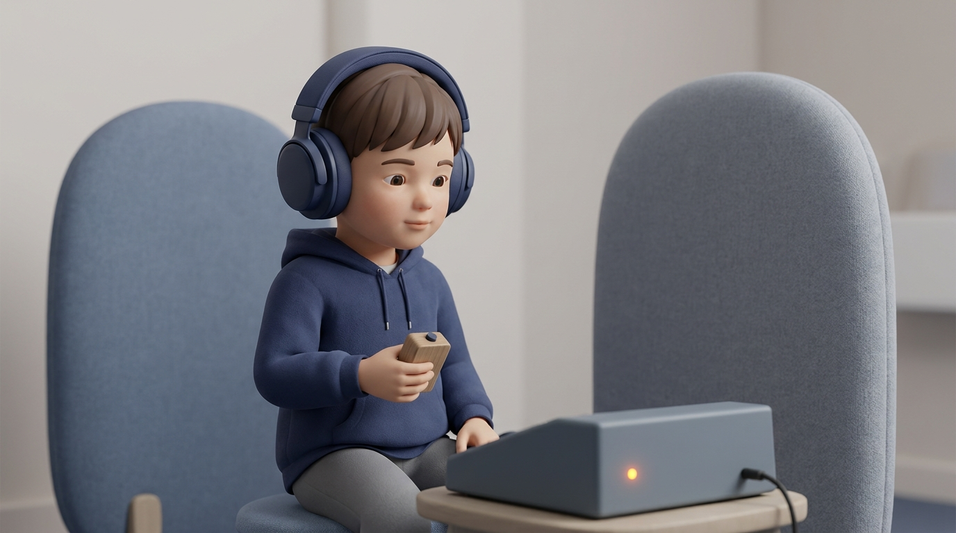 Child wearing headphones during an age-appropriate hearing evaluation