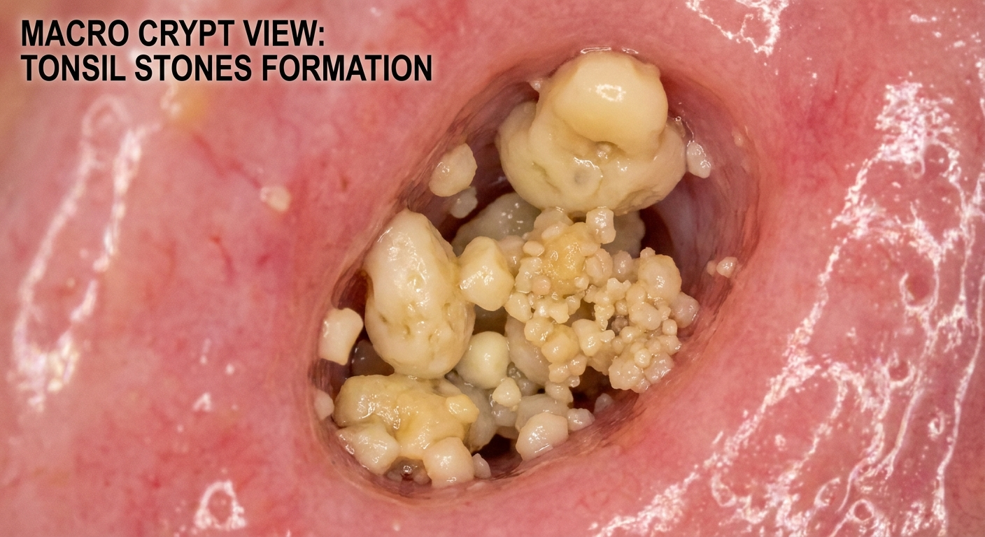 How debris hardens into tonsil stones (macro crypt view)