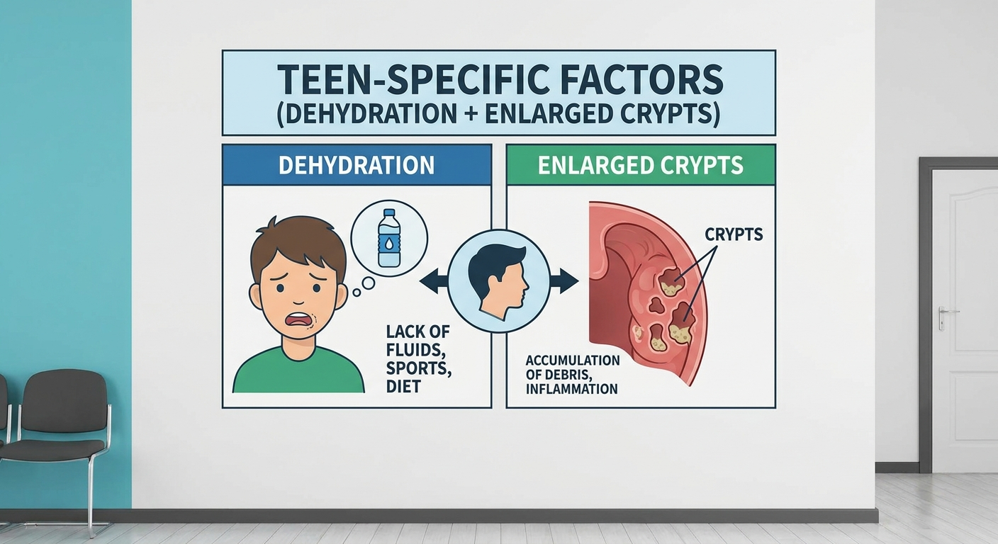 Teen-specific factors: dehydration and enlarged crypts