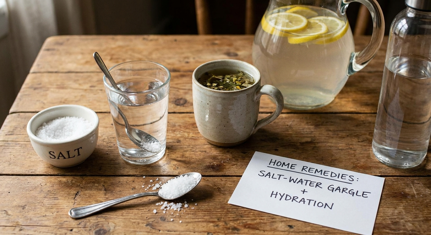 Home remedies: salt-water gargle and hydration