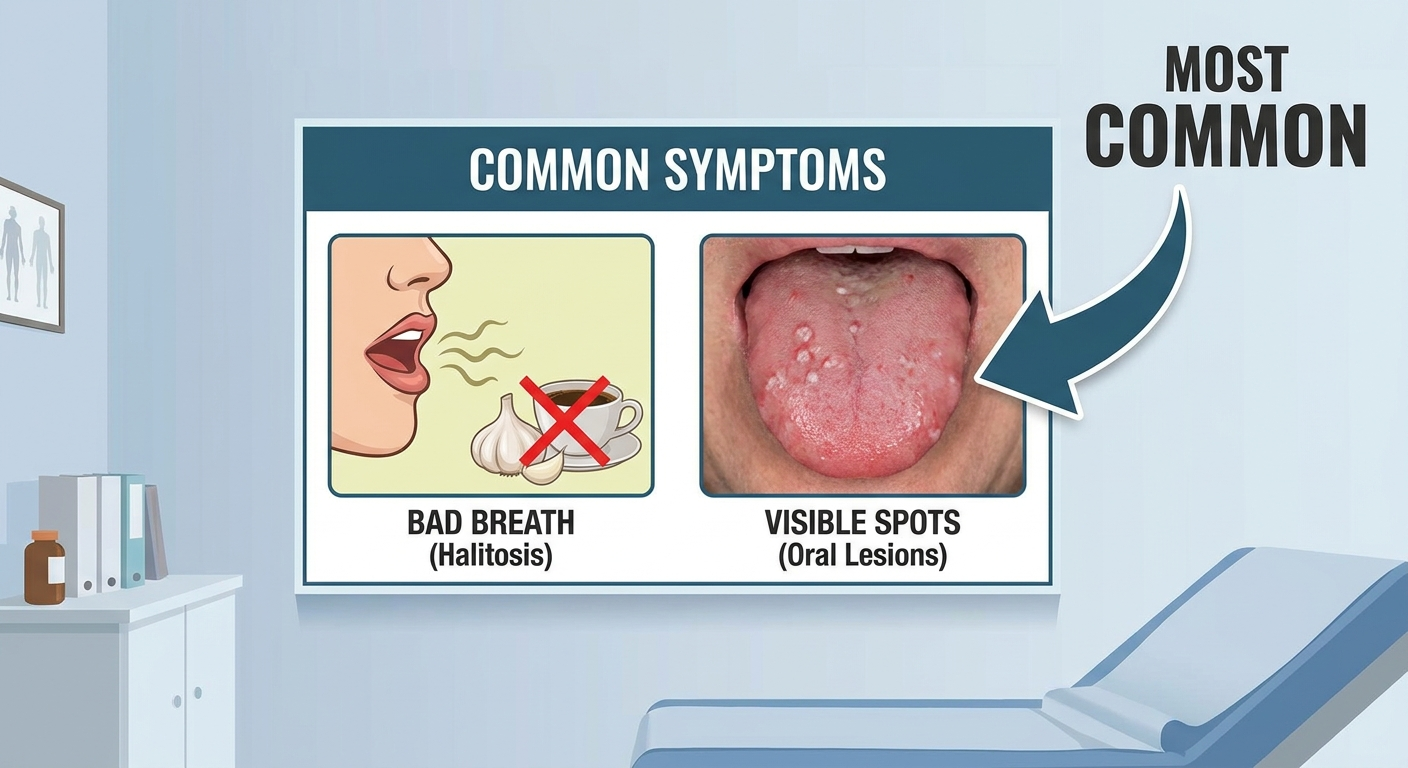Most common symptom—bad breath and visible spots