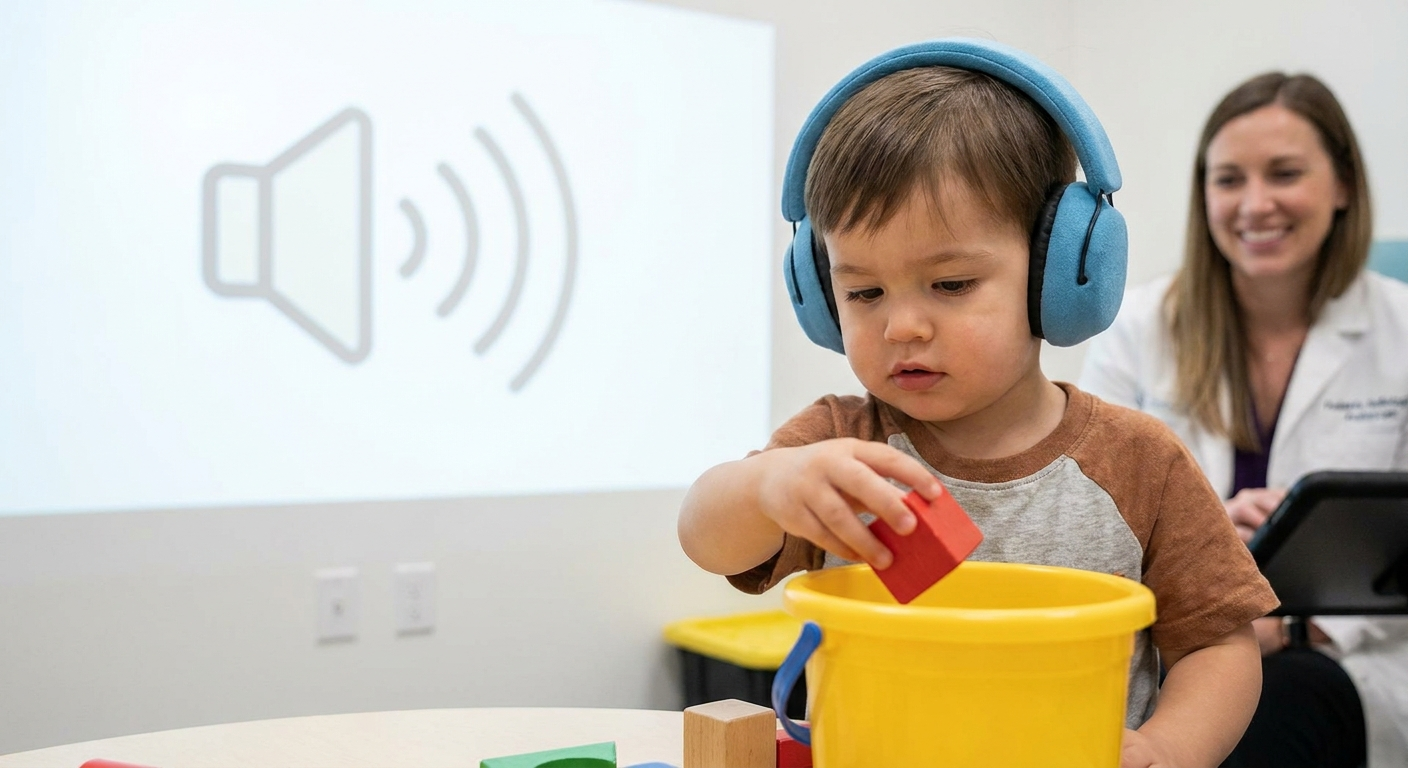 Child doing play audiometry with headphones