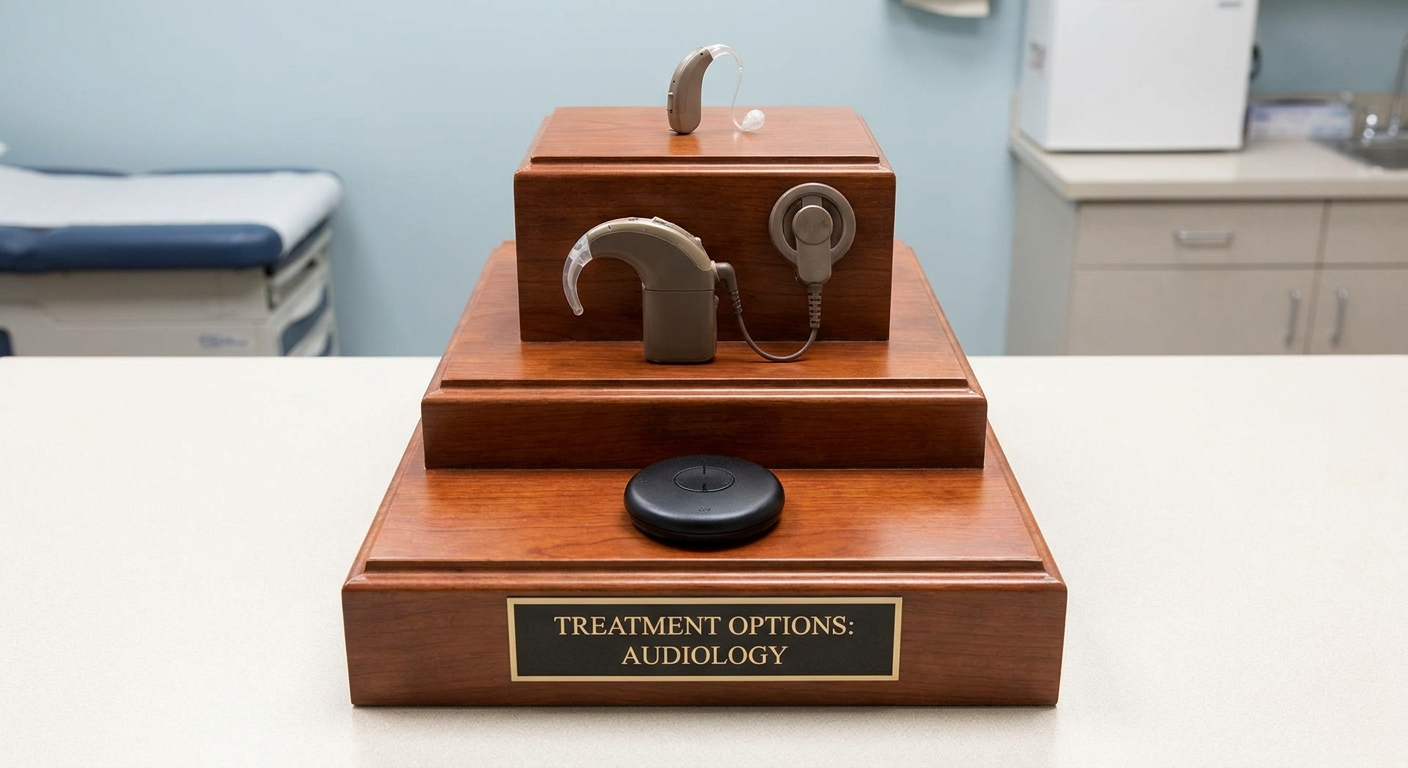 Pedestal displaying hearing aid, cochlear implant processor, and assistive microphone