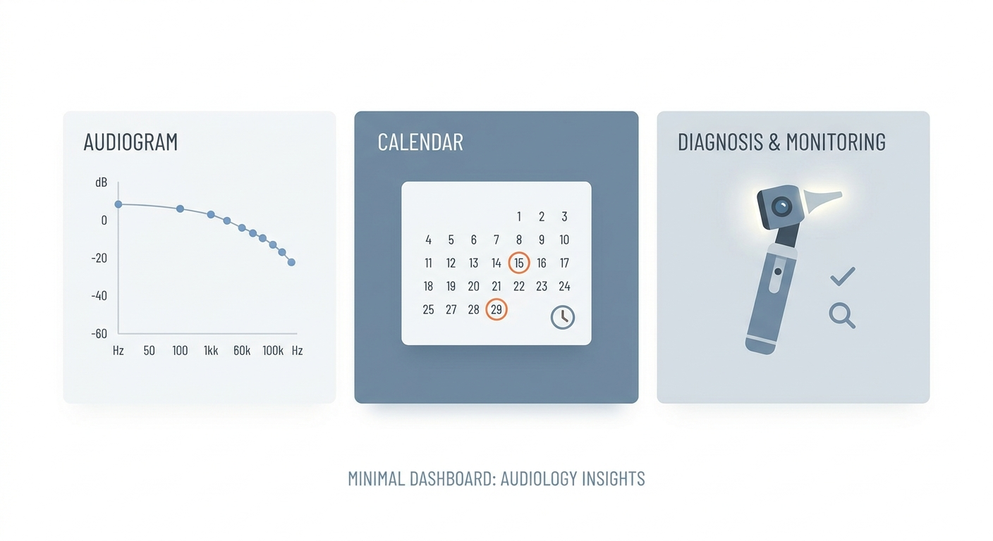 Minimal audiogram with high-frequency drop, calendar, and otoscope icons