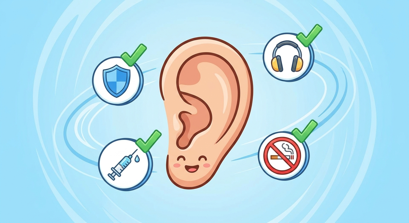 Friendly ear with icons for protection: earmuffs, vaccine, no-smoking, shield