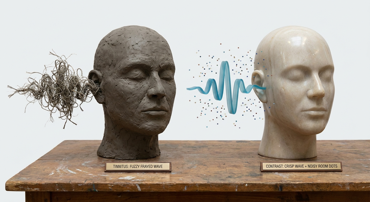 Two heads with fuzzy tinnitus wave versus crisp sound wave and background noise