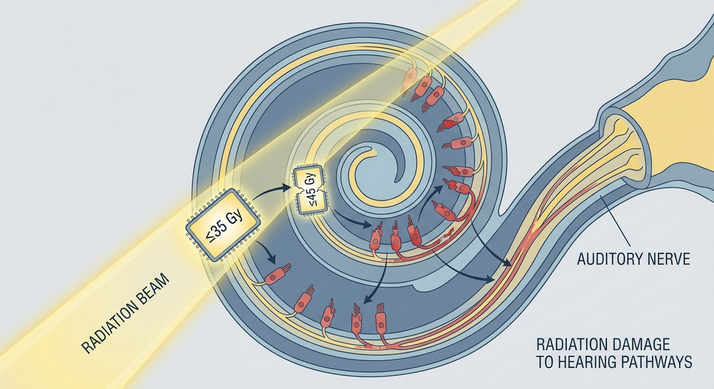 Simplified cochlea and auditory nerve with radiation beam and dose limits ≤35–45 Gy