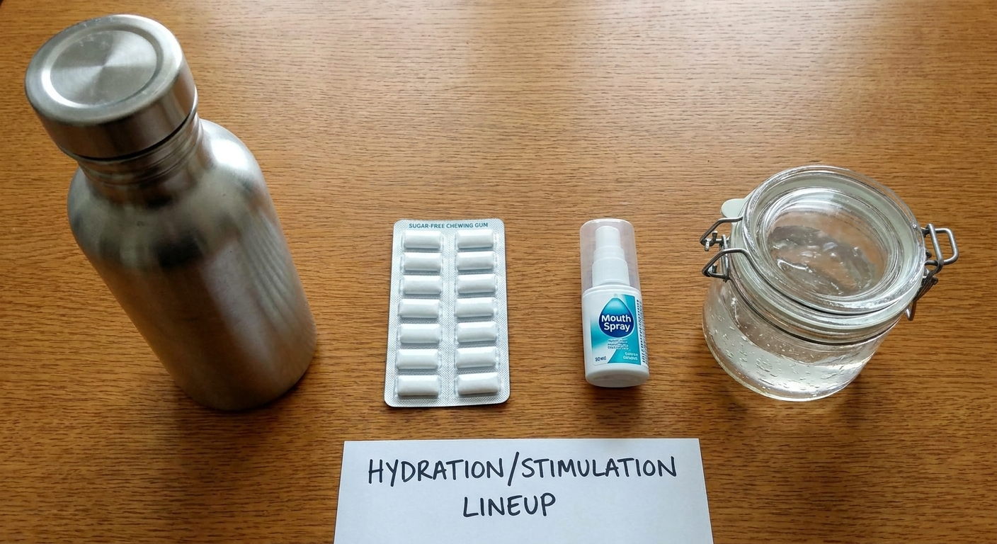Hydration and stimulation lineup: water bottle, sugar-free gum, mouth spray, and gel jar