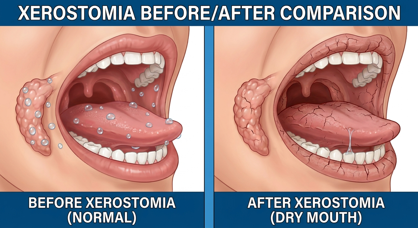 Xerostomia before/after: side-by-side mouth cutaways with multiple droplets vs one tiny stretched droplet