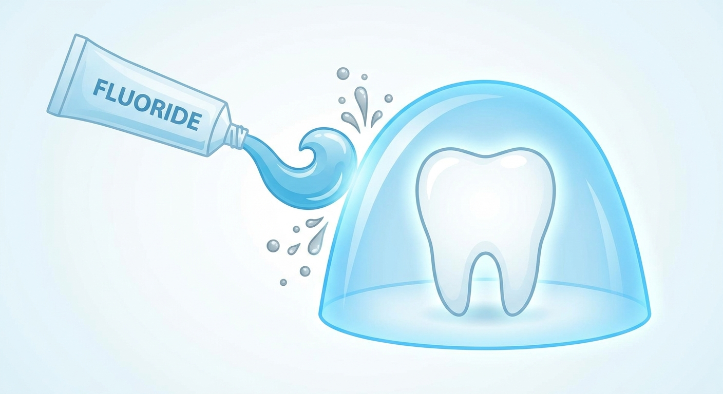 Dental prevention: tooth under translucent shield with fluoride and deflected droplets