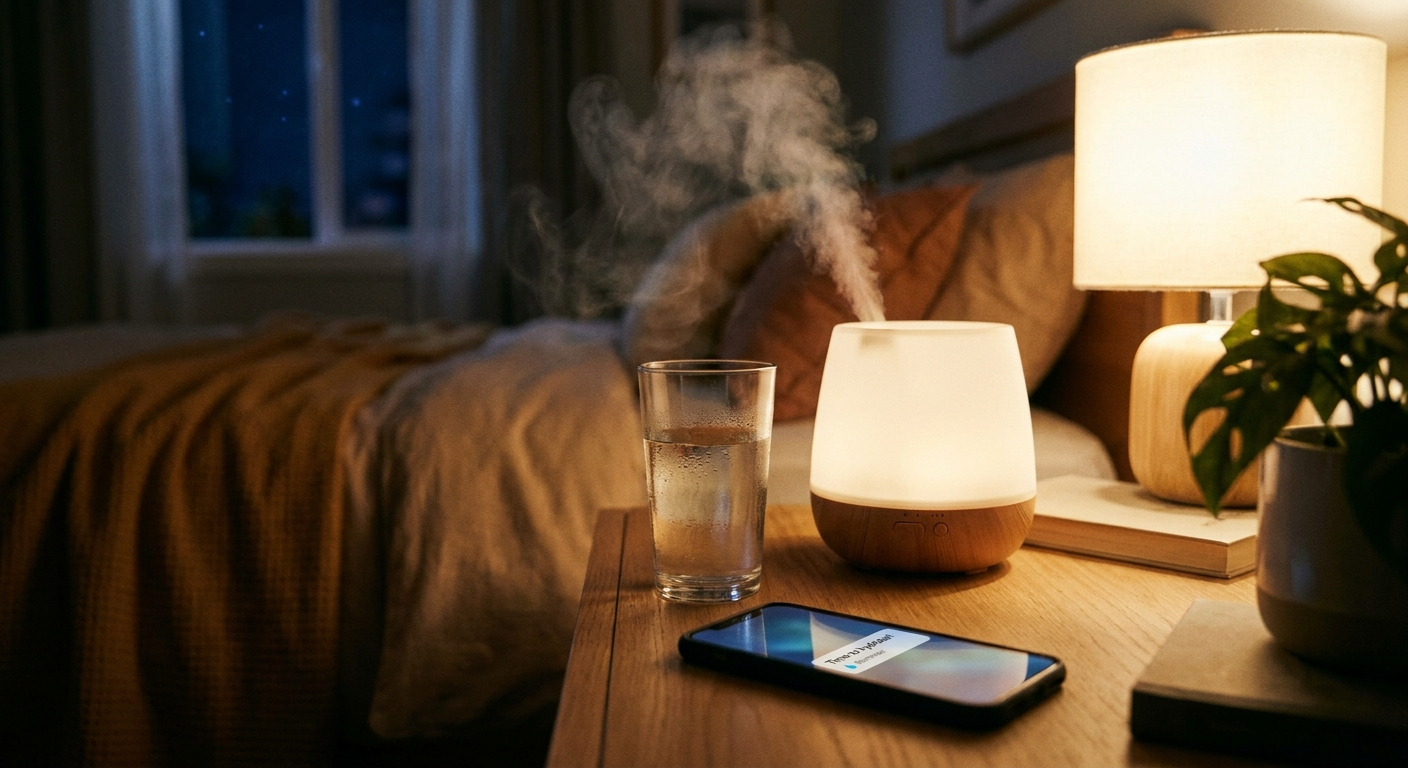 Nighttime comfort: humidifier with mist, water glass, and phone droplet reminder on nightstand