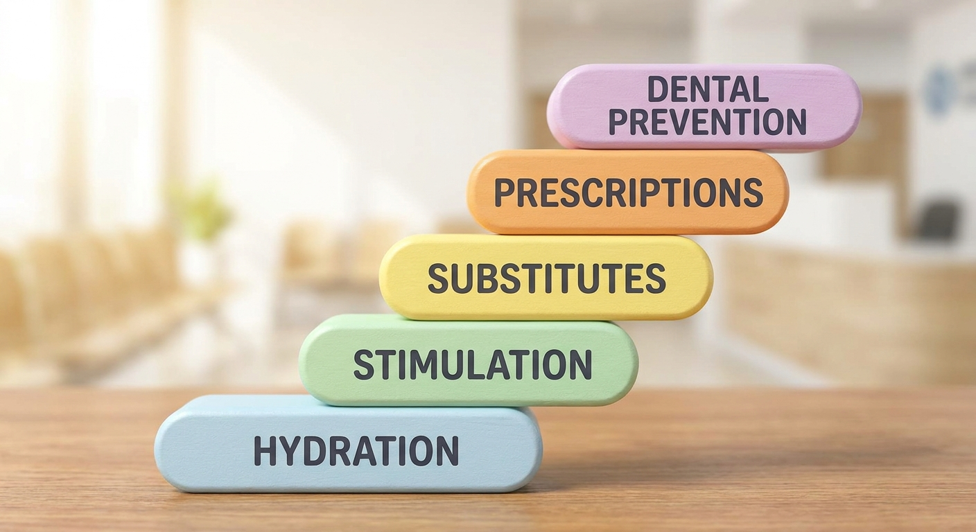 Stepwise care ladder of five rounded blocks: hydration, stimulation, substitutes, prescriptions, dental prevention