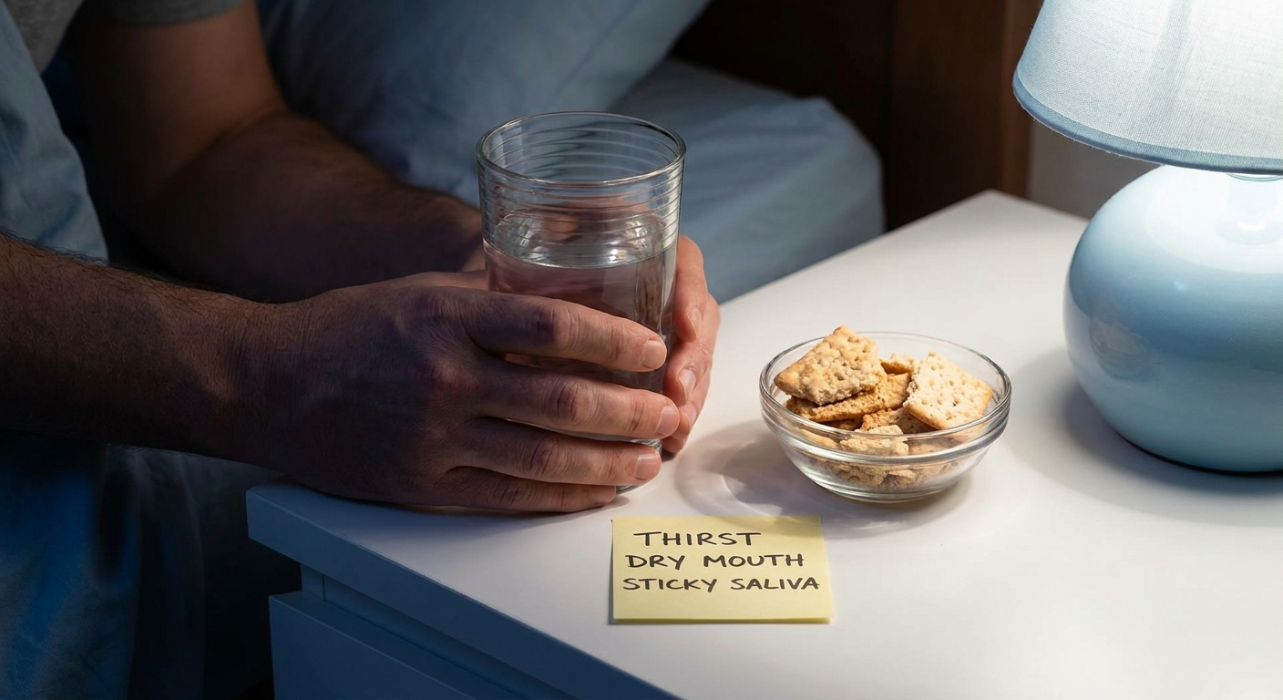 Common symptoms—thirst at night, difficulty with dry foods, sticky saliva.