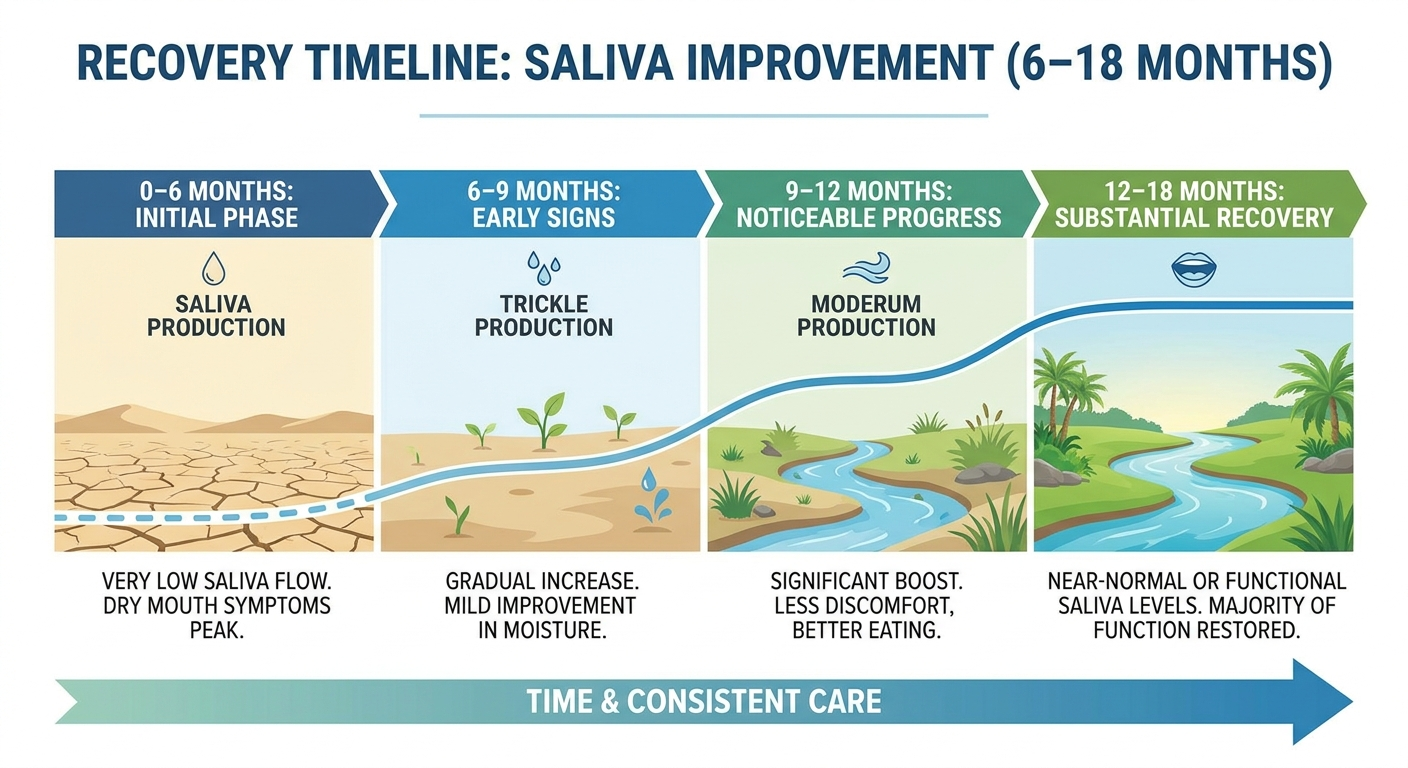 Recovery timeline (6–18 months) with gradual saliva improvement.