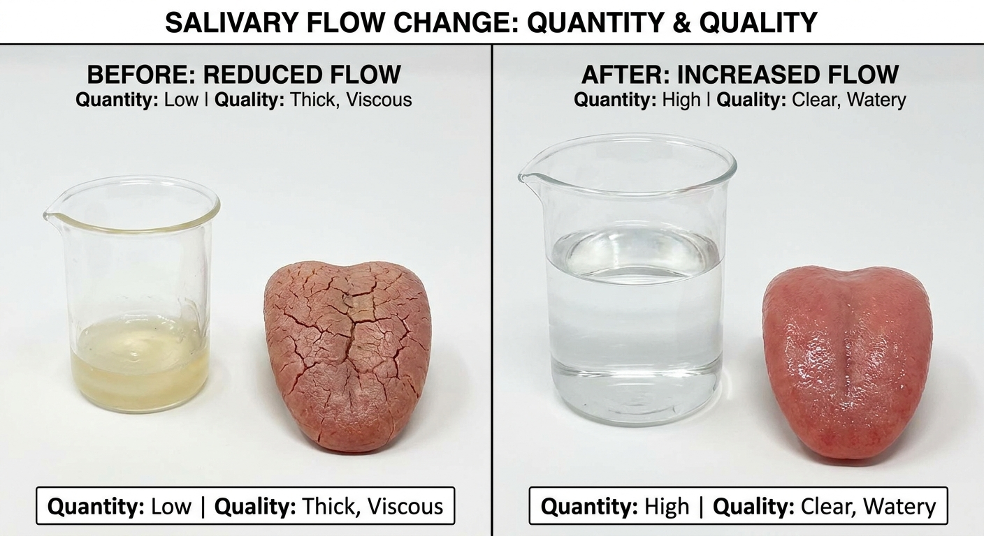 Before vs. after salivary flow—quantity and quality change.