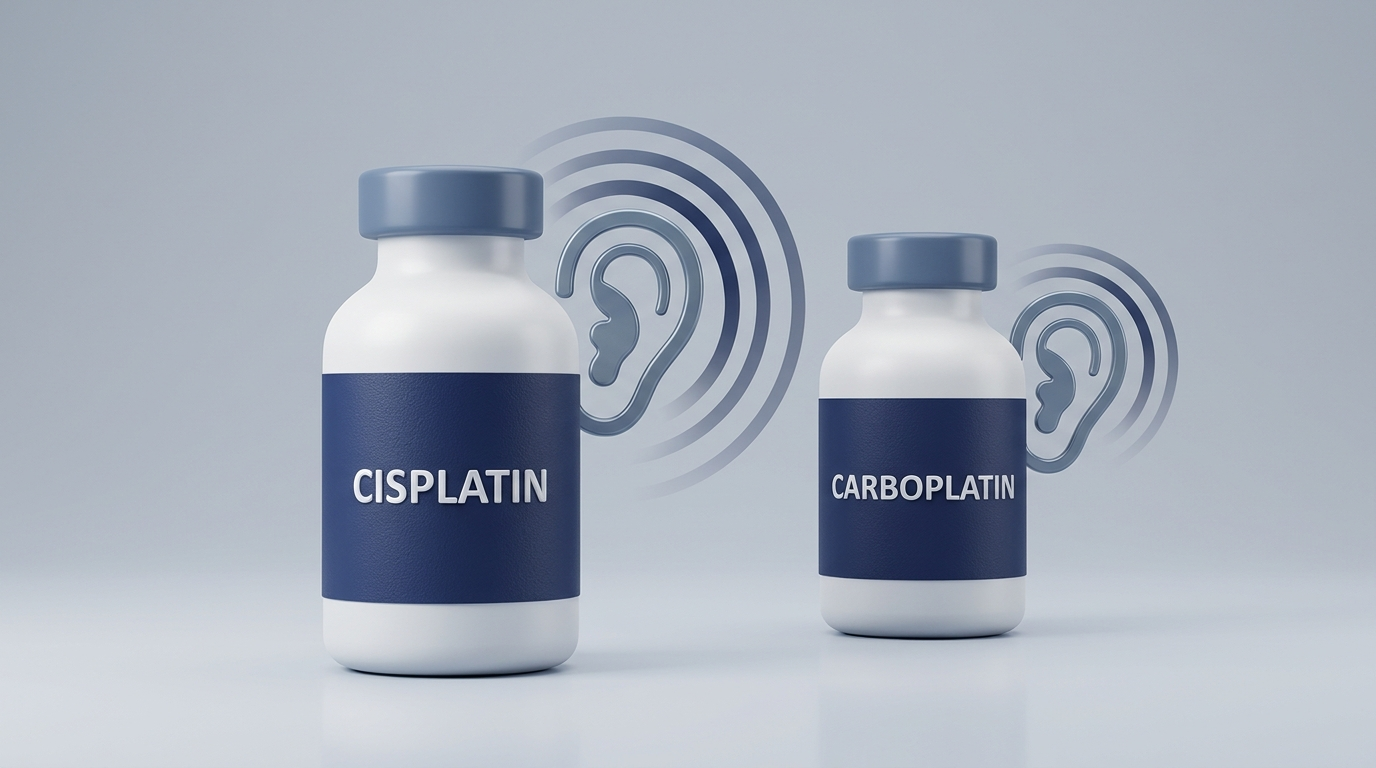 Ototoxic medications visual with cisplatin and carboplatin vials showing higher risk with cisplatin