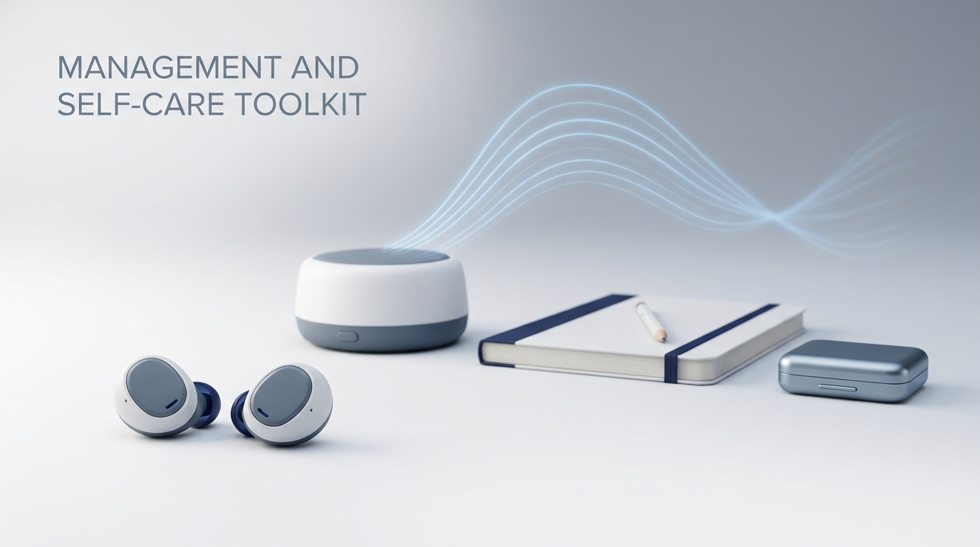 Management and self-care toolkit with hearing aids, sound machine, journal, and earplugs