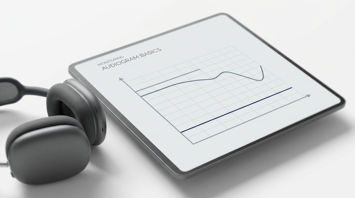 Tablet displaying an audiogram with high-frequency dip, headphones beside it