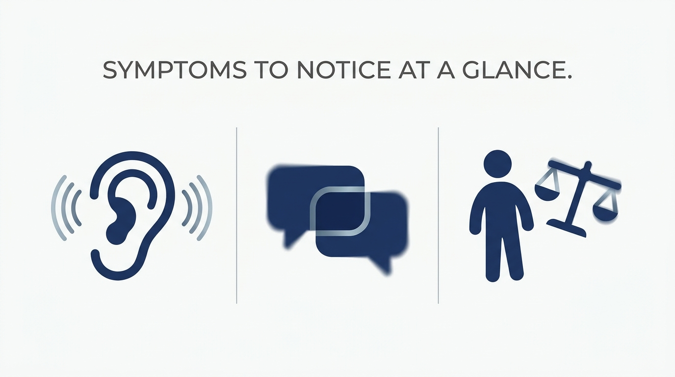 Icons for tinnitus, muffled speech, and imbalance as symptoms to notice at a glance
