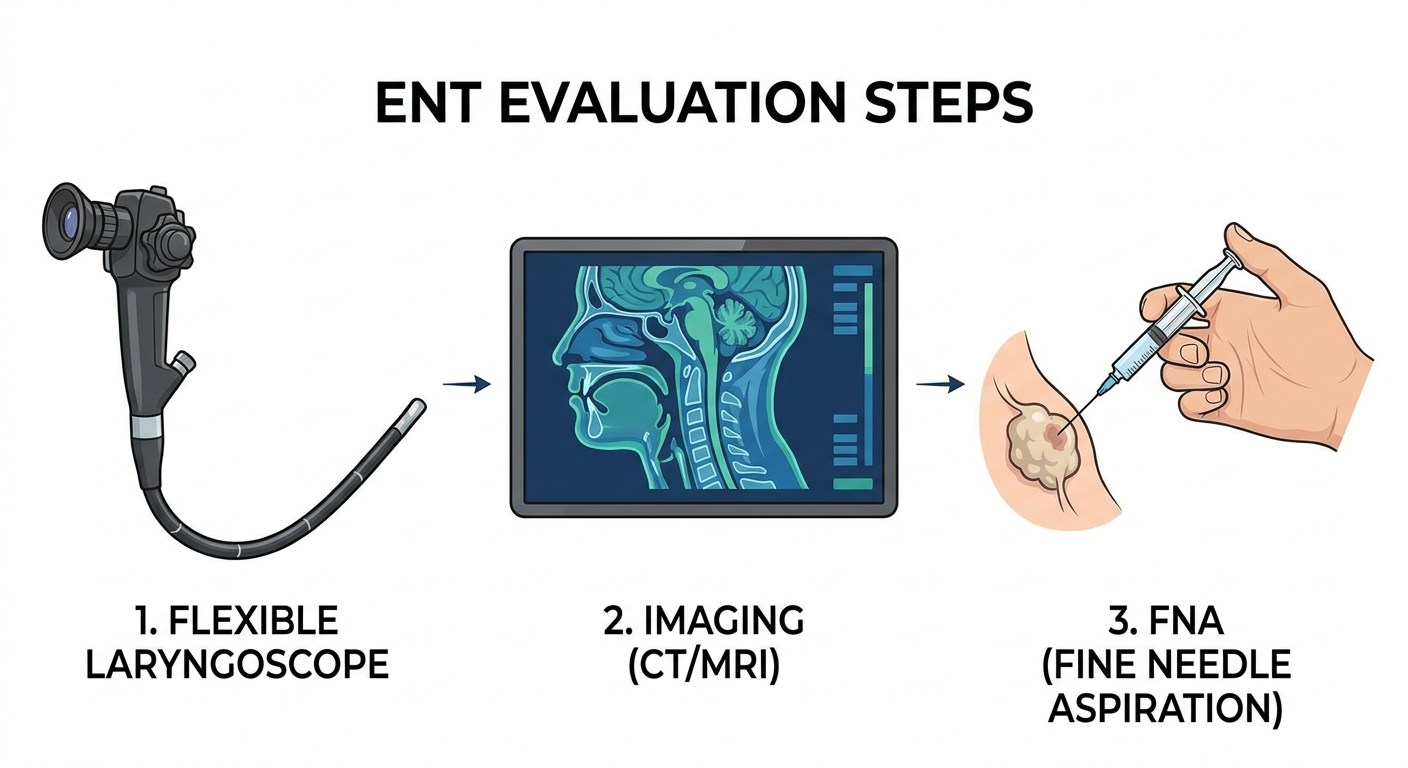 ENT evaluation steps: scope, imaging, FNA
