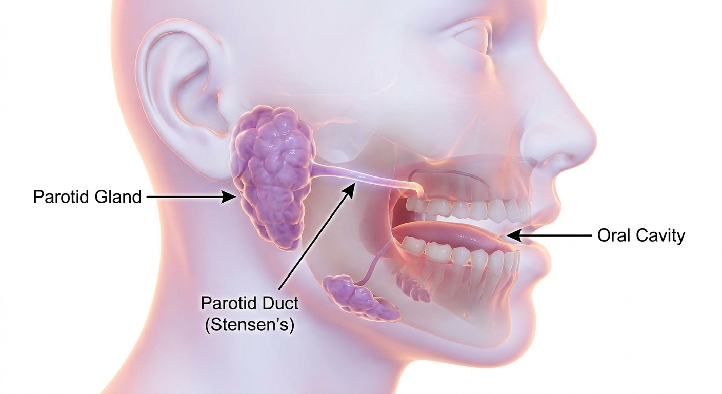 Stylized 3D anatomy showing the parotid glands and their ducts entering the mouth.