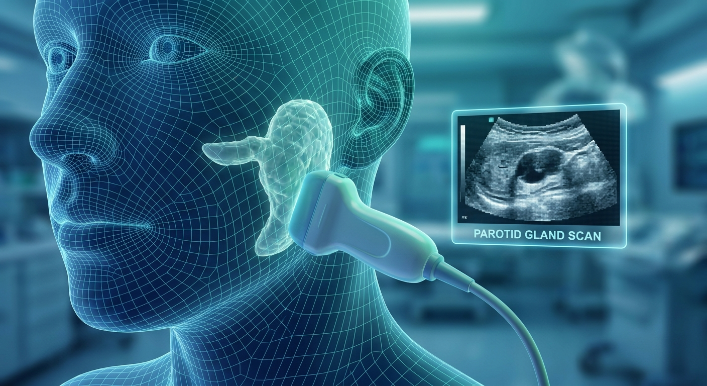 Stylized 3D ultrasound of the parotid gland with a probe at the cheek and a simple scan display.