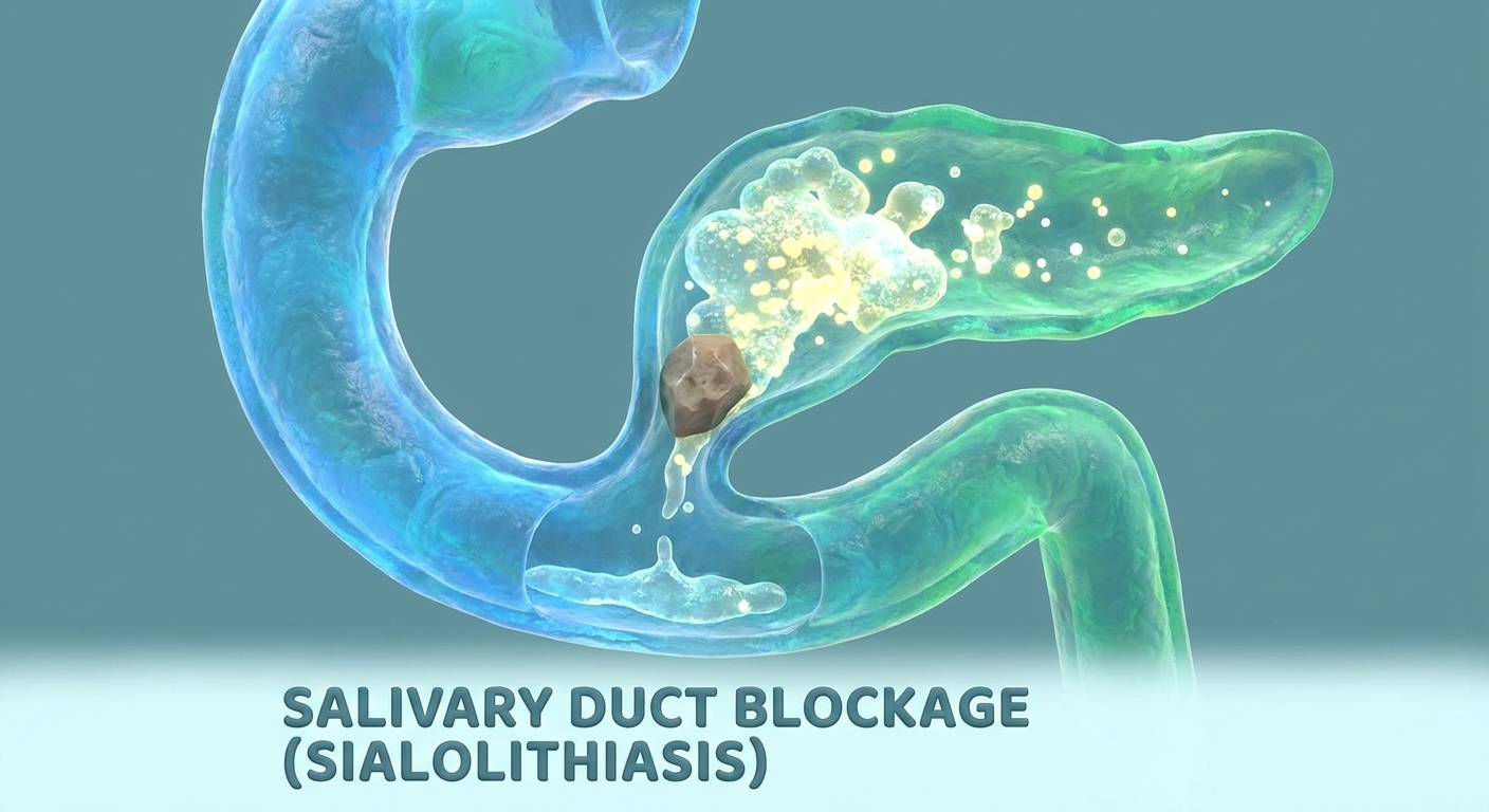 Stylized 3D salivary duct with a small stone blocking saliva flow.